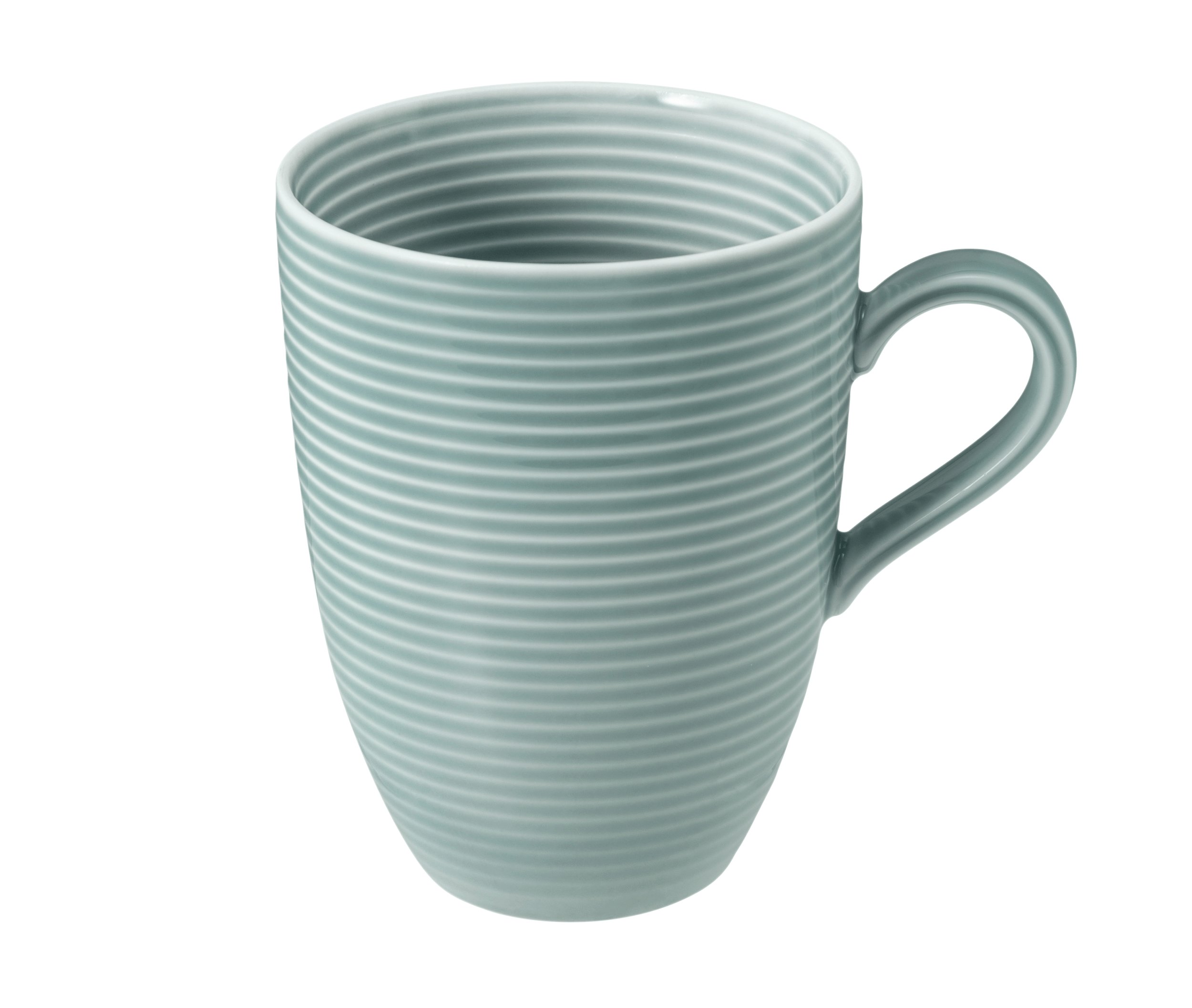 Jasnozielony kubek z poziomymi żebrami i uchwytem.