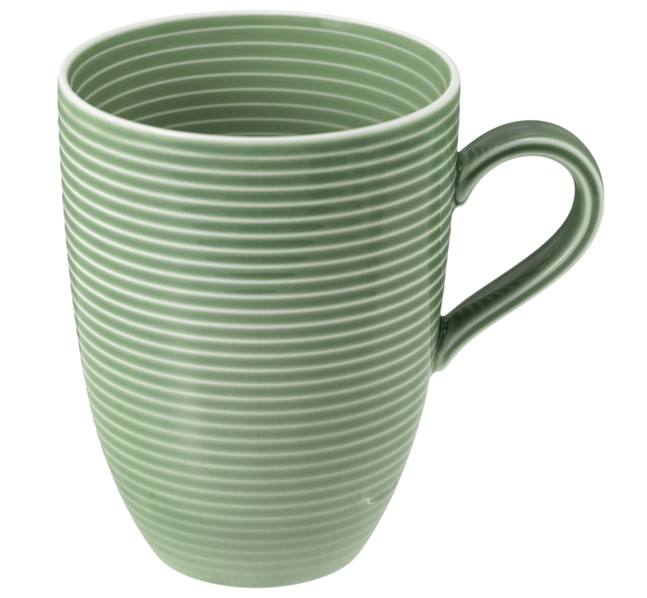 Zielony kubek z poziomymi żebrami i uchwytem.