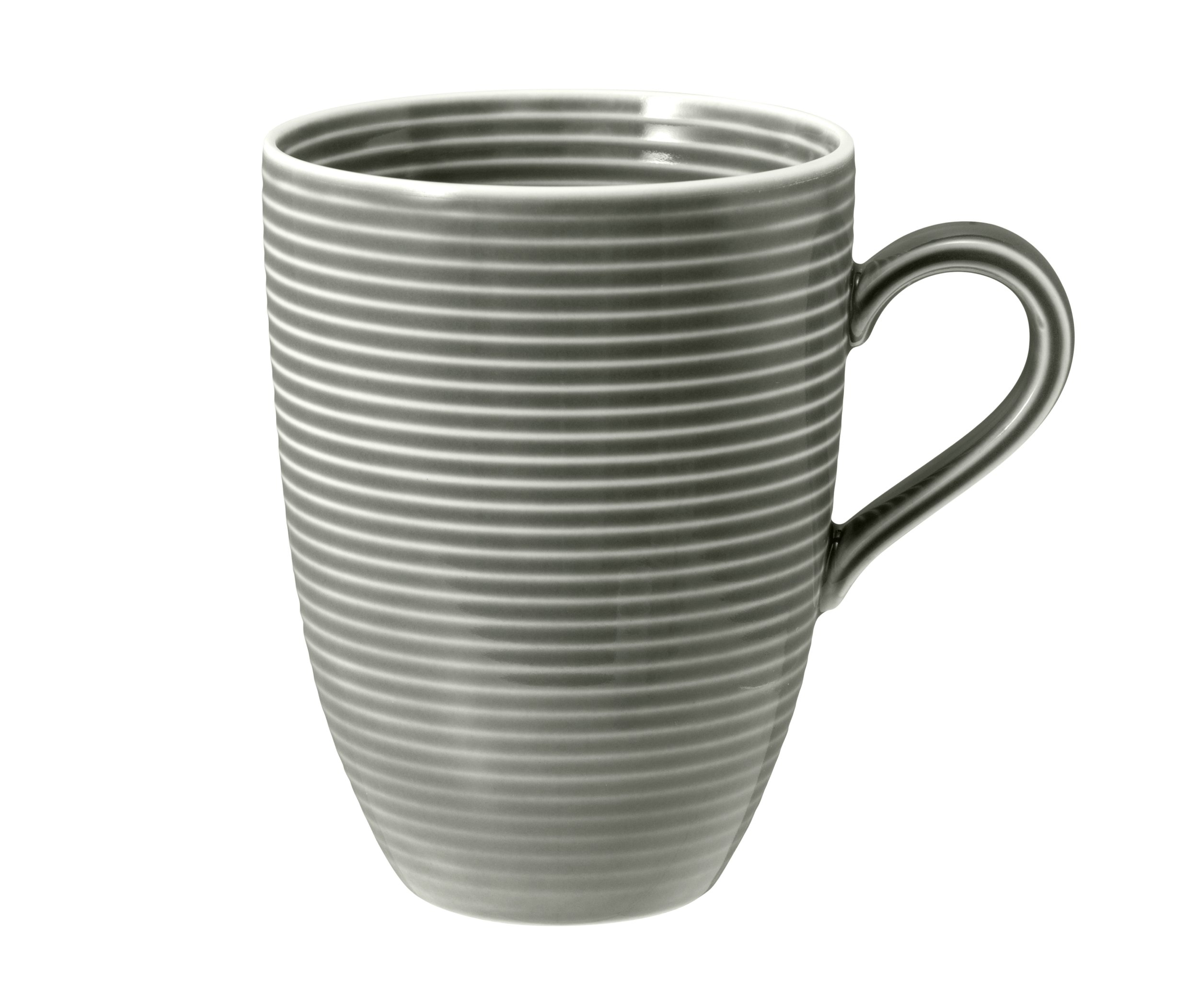 Szary kubek z poziomymi żebrami i uchwytem.