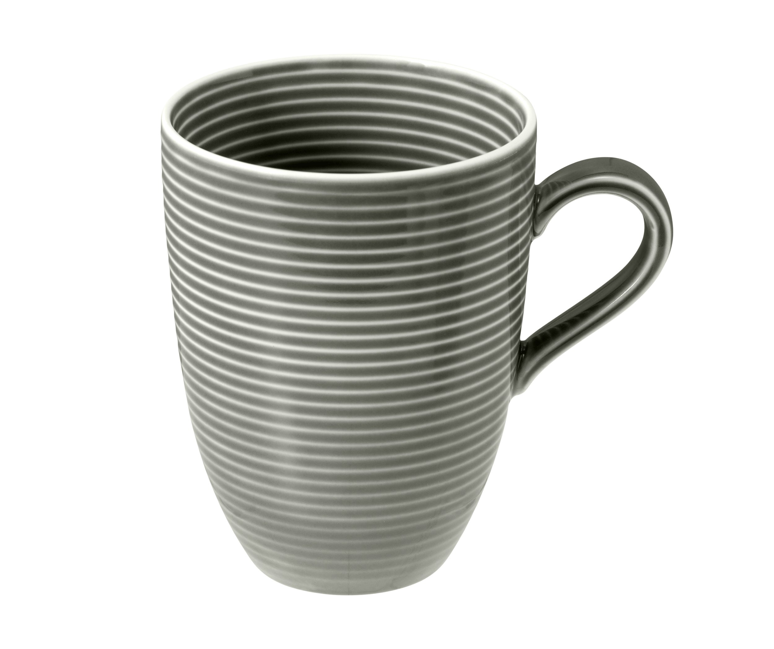 Szary kubek z poziomymi żebrami i uchwytem, na białym tle.