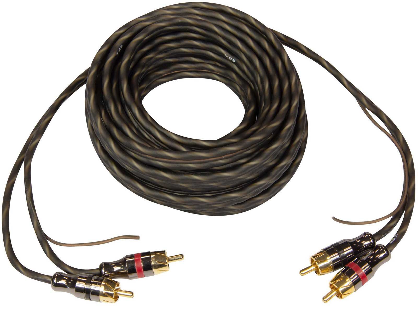 Ein gerolltes schwarzes Audiokabel mit zwei vergoldeten RCA-Steckern an jedem Ende.