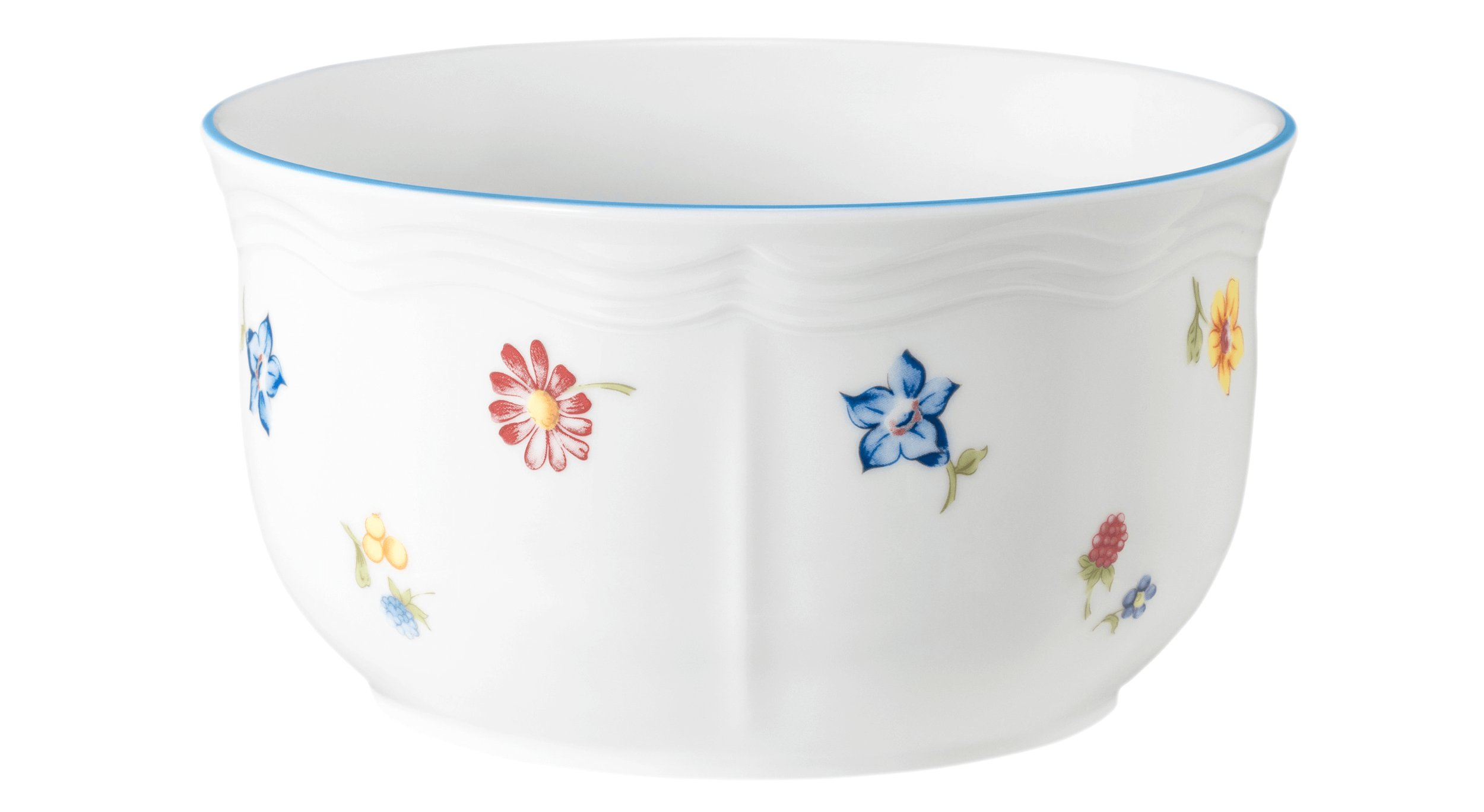 Biała miska z motywem kwiatowym i niebieską krawędzią.