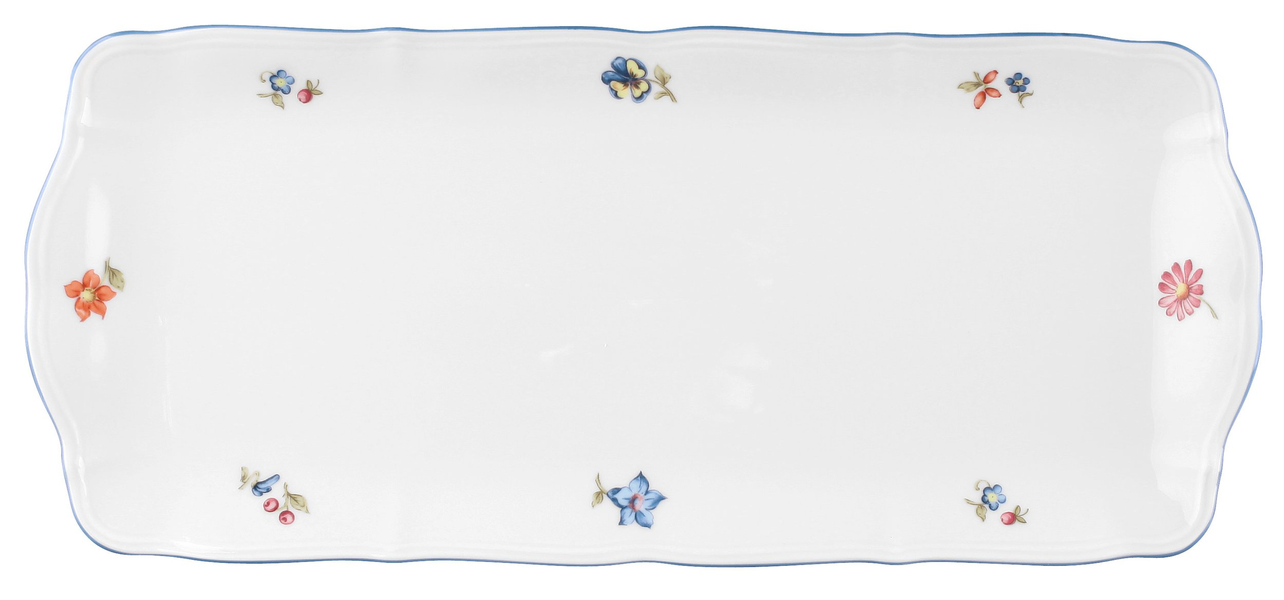 Biała prostokątna taca z niebieskim brzegiem i małymi wzorami kwiatów.