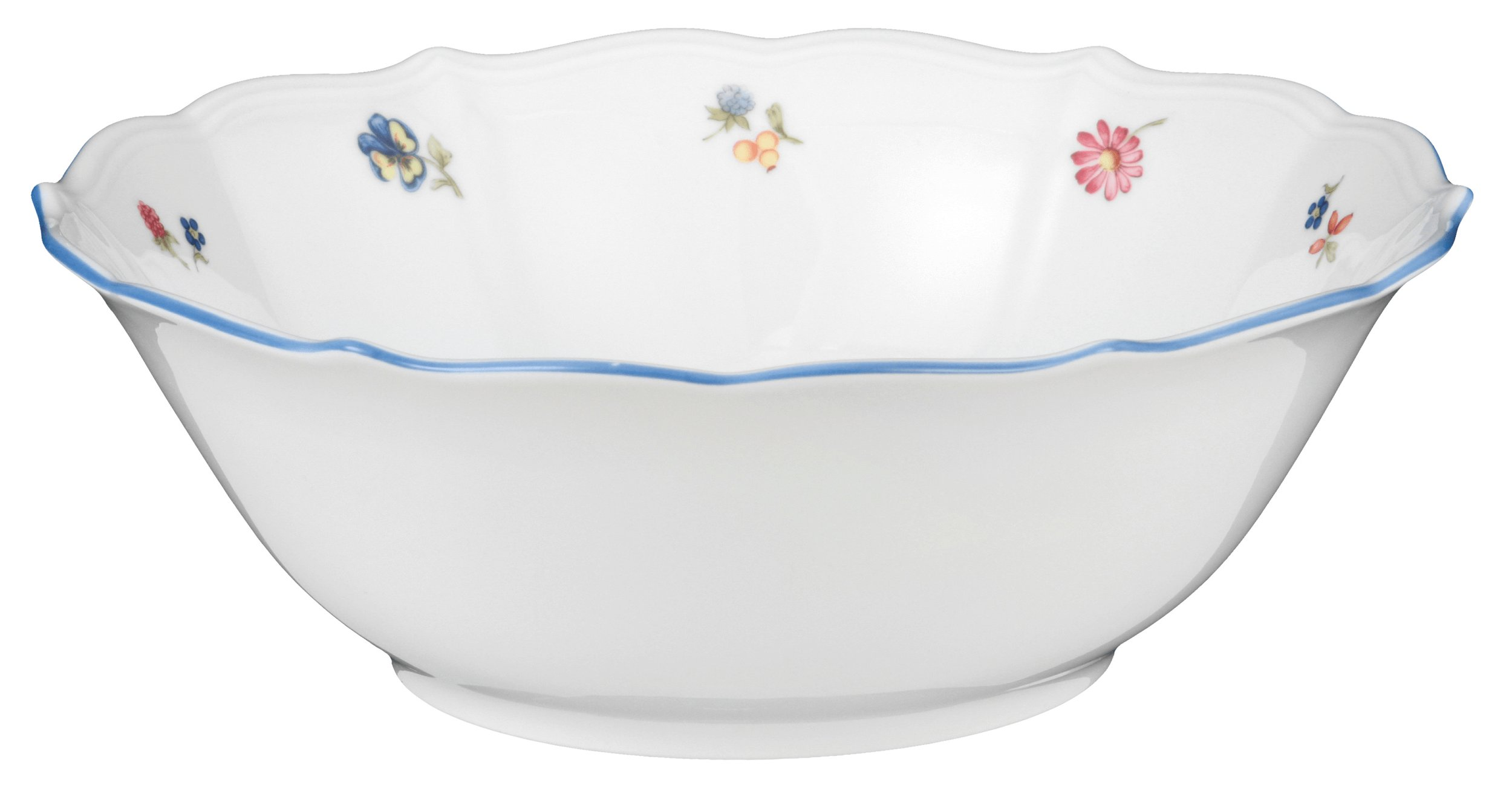 Biała miska z niebieskim brzegiem i małymi motywami kwiatowymi.
