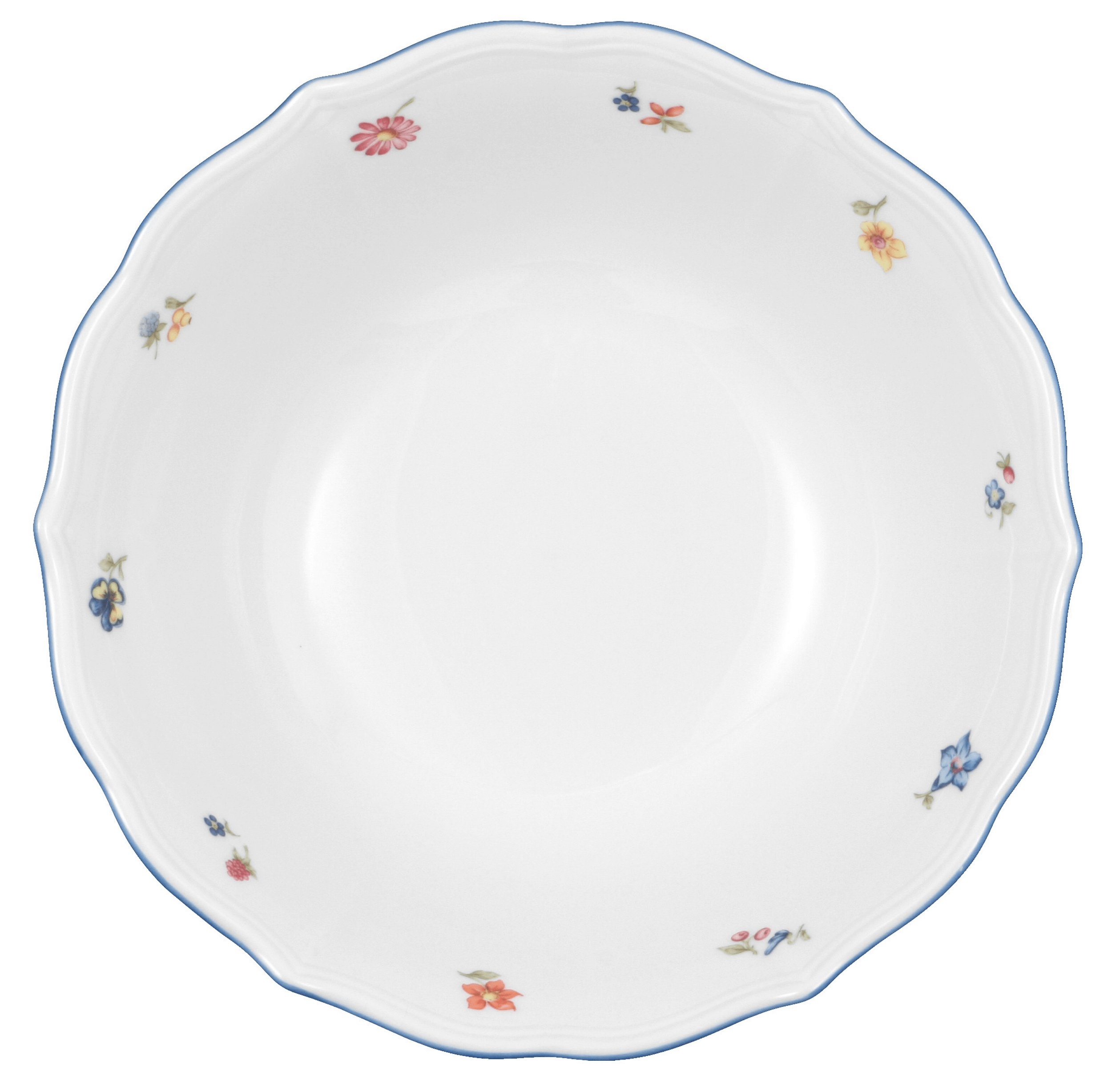 Biała miska z niebieskim brzegiem i kwiatowym wzorem.