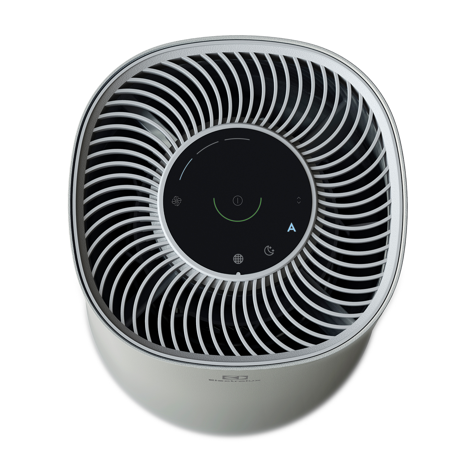 Un purificateur d'air blanc avec panneau de contrôle noir et ailettes.