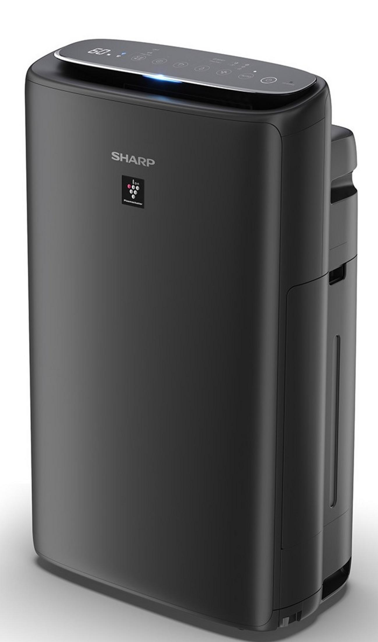 Czarny oczyszczacz powietrza Sharp z panelem dotykowym i niebieskim podświetleniem.