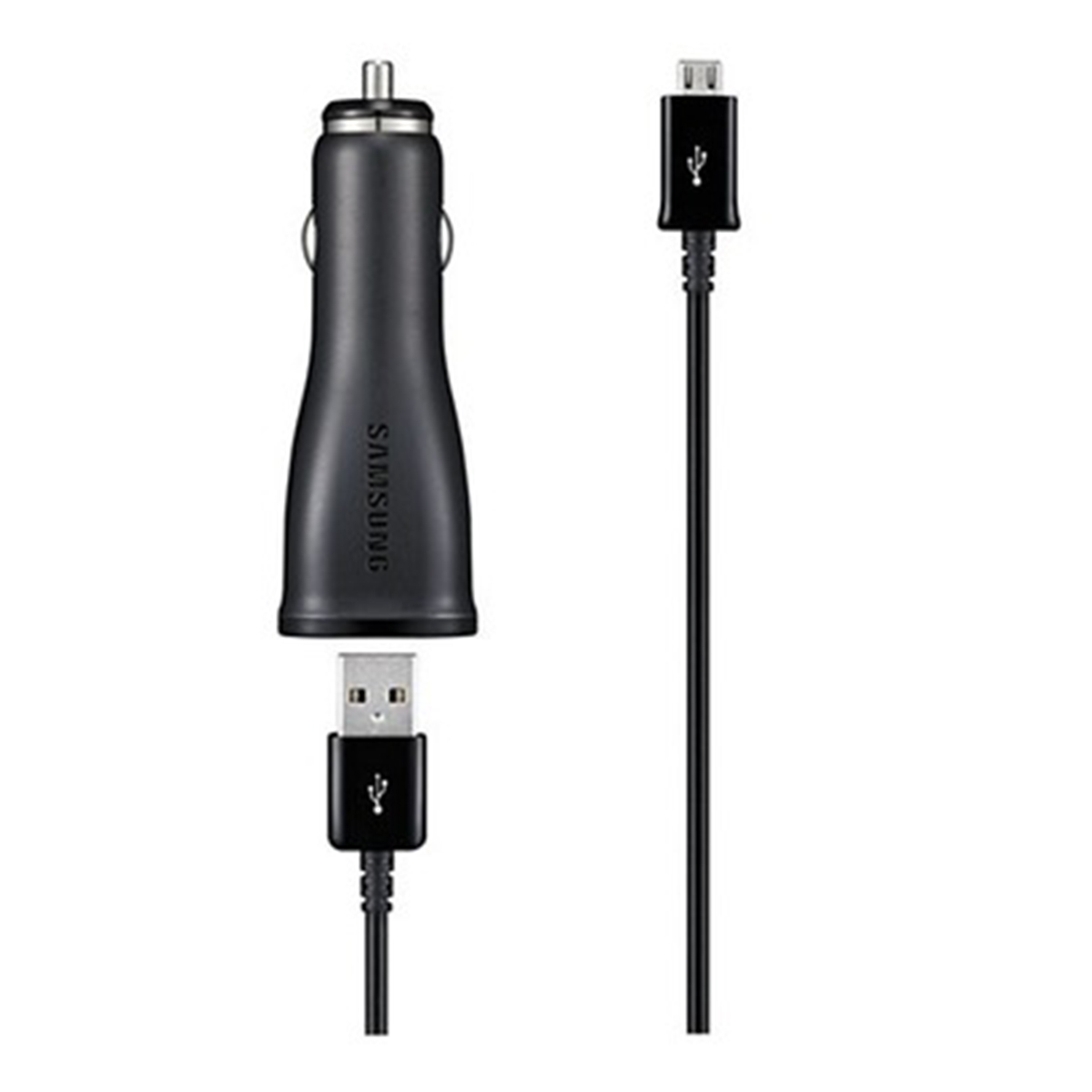 Un adaptador de coche Samsung negro con cable USB a Micro-USB.