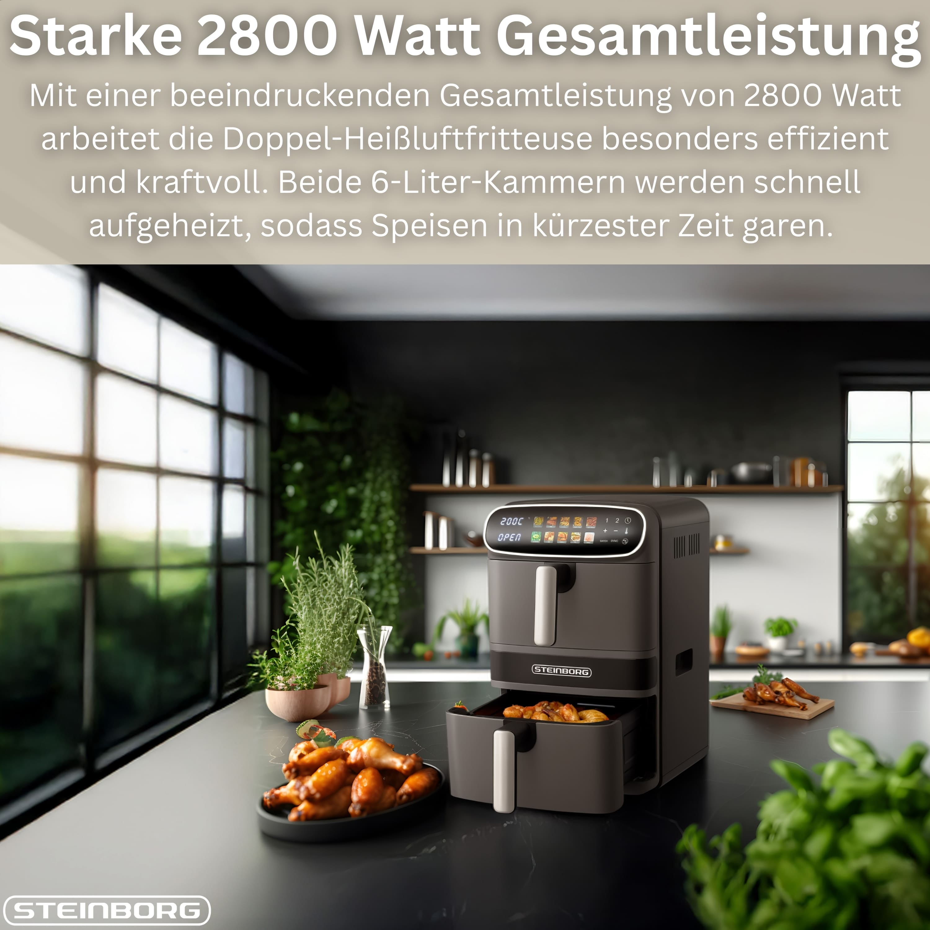 Eine dunkle Doppel-Heißluftfritteuse steht auf einer Arbeitsplatte mit Hähnchenschenkeln.