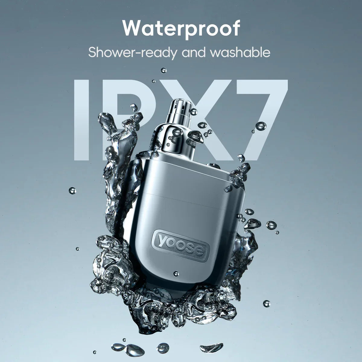 Silberner Yoose-Trimmer wird von Wasser umspült, mit „IPX7“-Aufdruck.