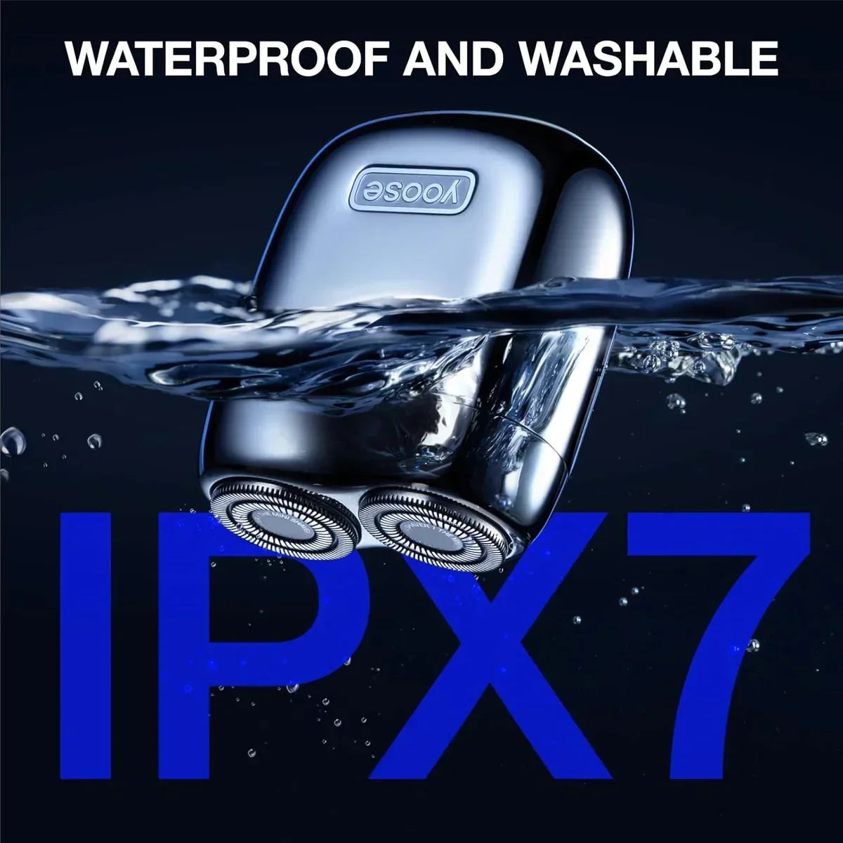 Ein silberner Rasierer taucht in Wasser ein. IPX7.