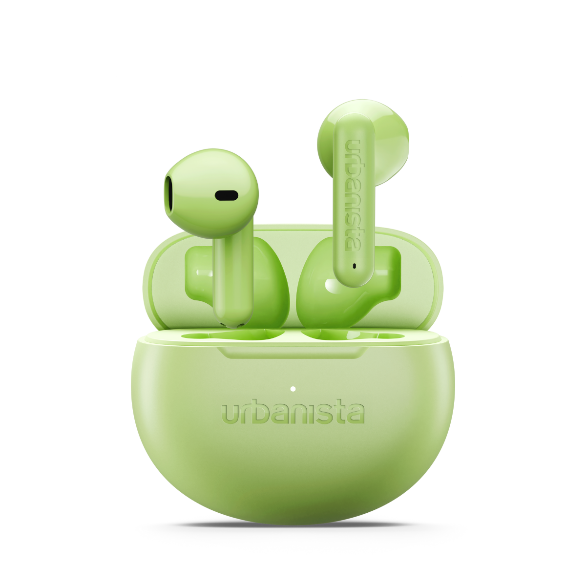 Green Urbanista earbuds with charging case on a black background.