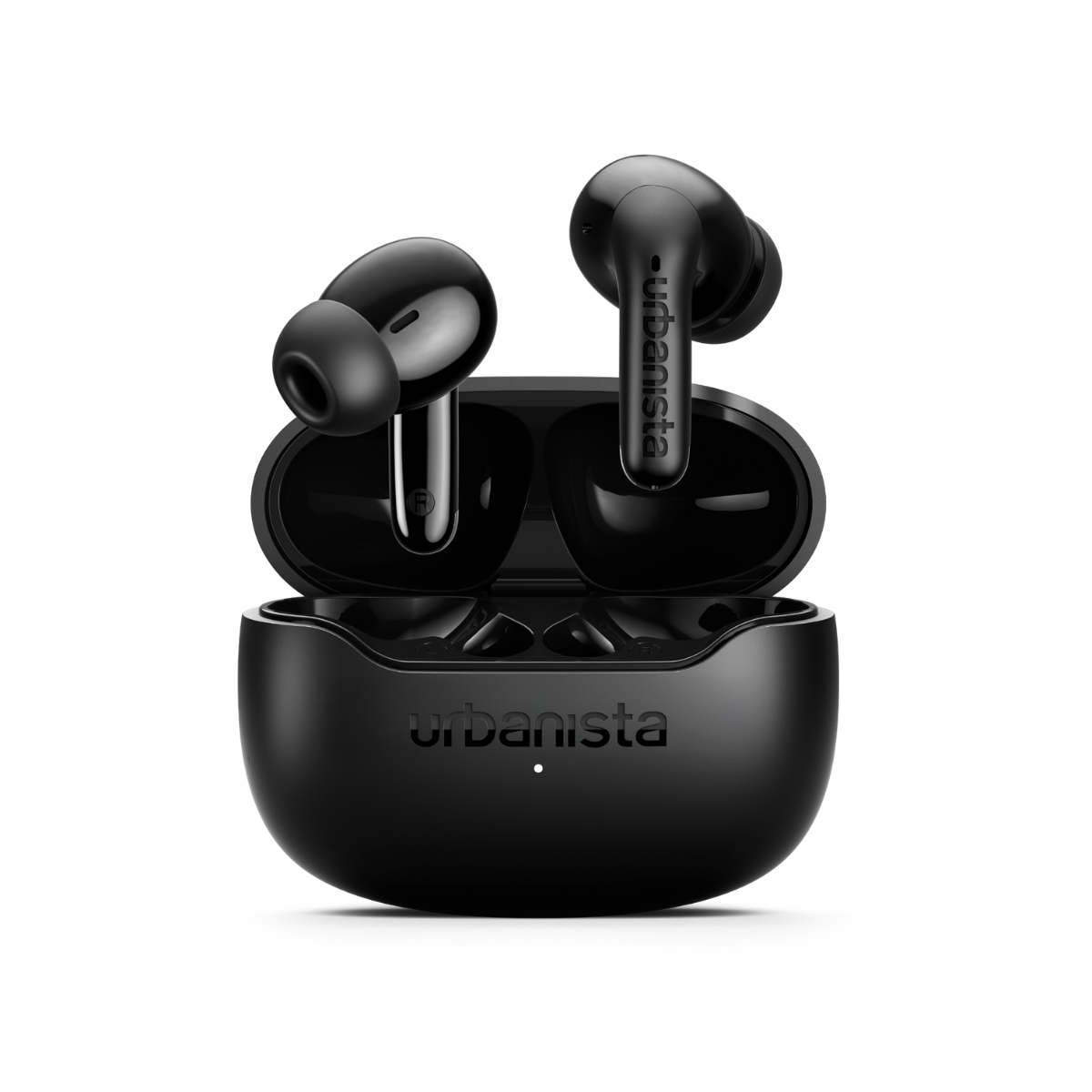 Auricolari wireless neri in una custodia di ricarica aperta con logo Urbanista.