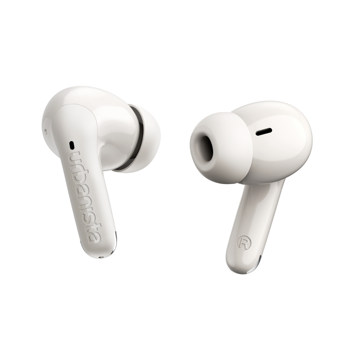 Due auricolari bianchi wireless con logo Urbanista.