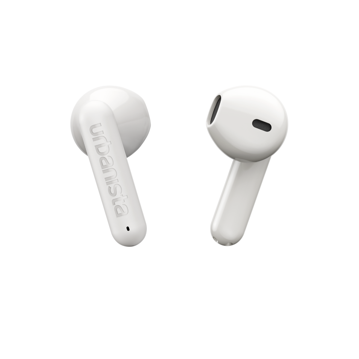 Two white wireless earbuds on a black background.