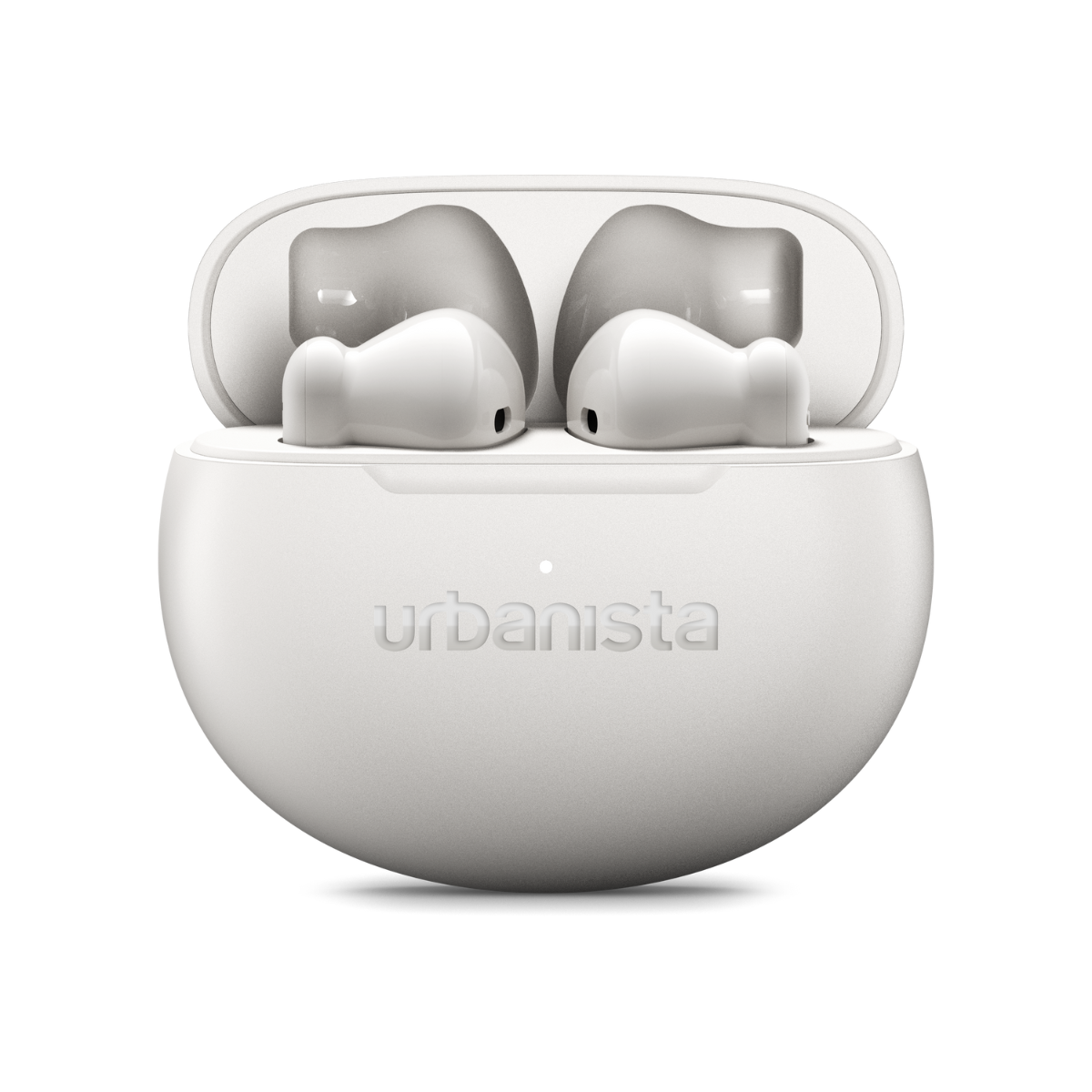 White earbuds in an open charging case with Urbanista logo.
