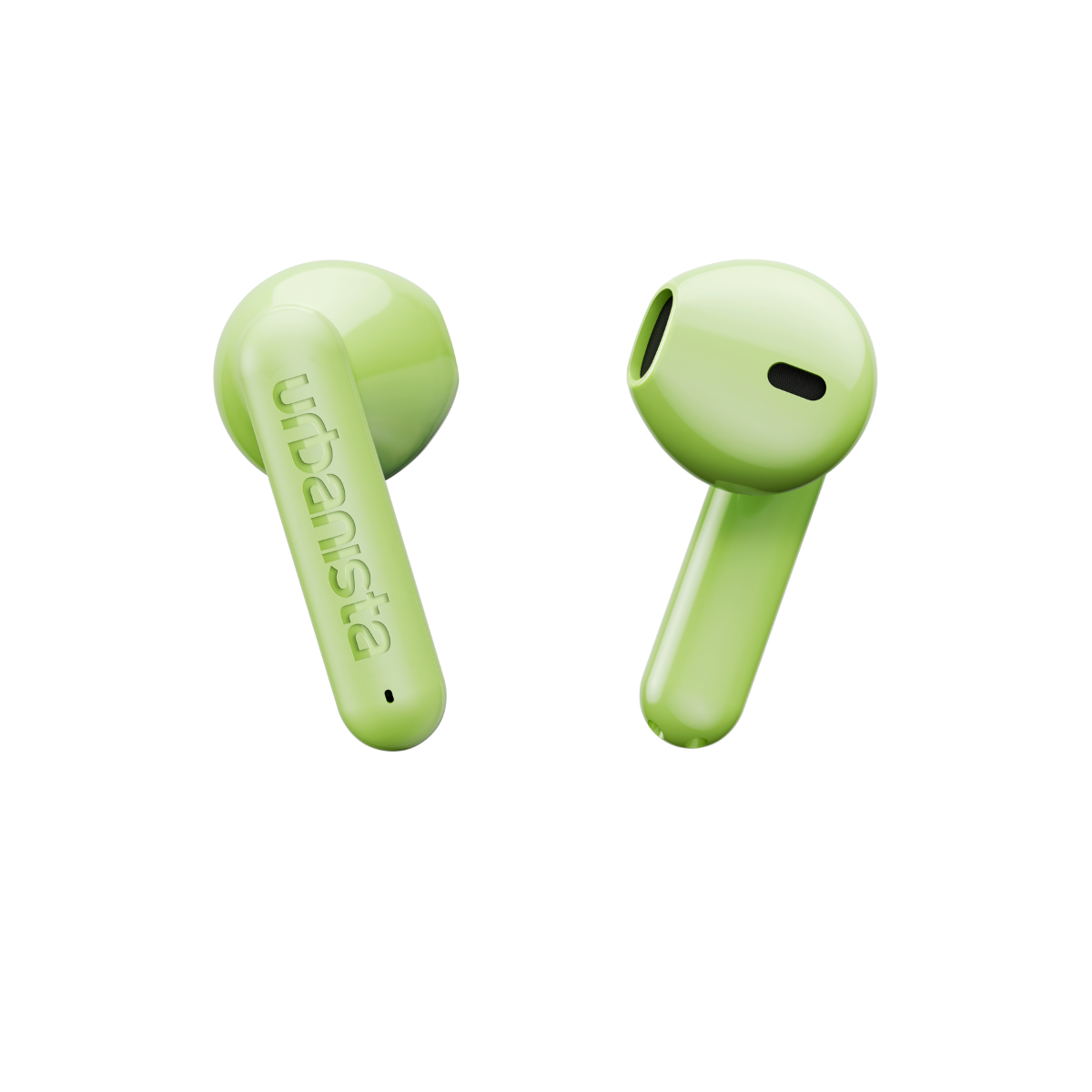 Two light green earbuds against a black background.