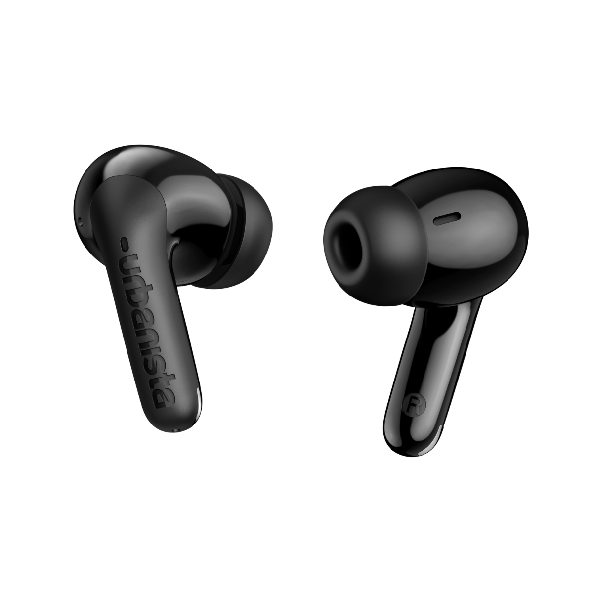Due auricolari wireless neri lucidi con stelo. L'auricolare sinistro ha il testo 'urbanista'. Il destro ha 'R'.
