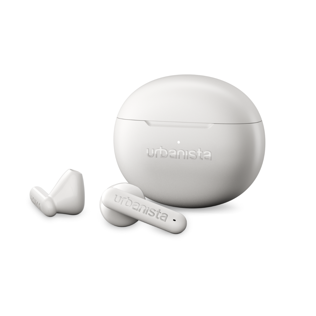 White wireless earbuds and charging case with Urbanista logo.