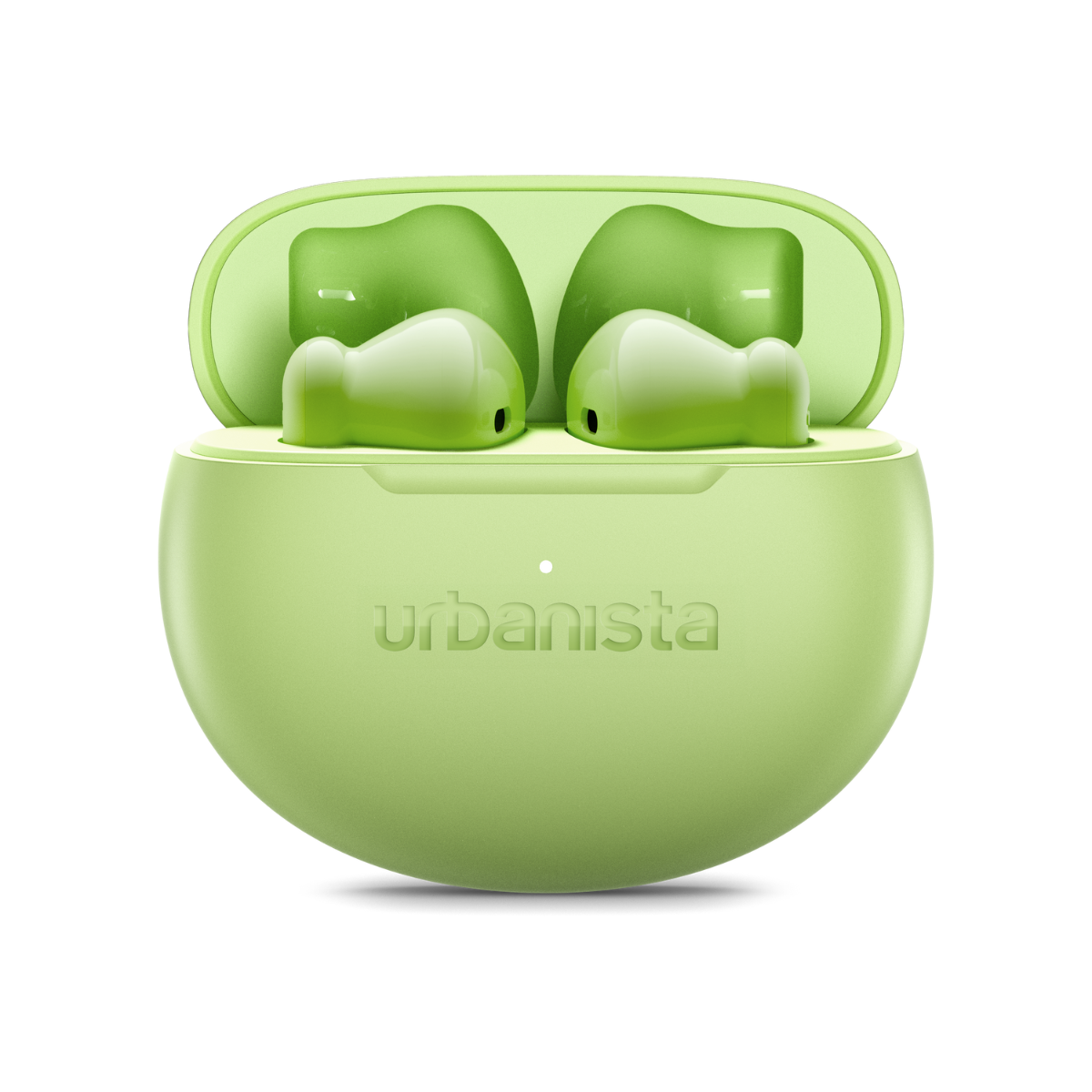 Green wireless earbuds in an open, light green charging case with the Urbanista logo.
