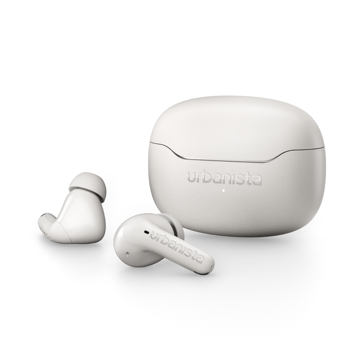 Auricolari wireless Urbanista bianchi e custodia di ricarica su sfondo bianco.