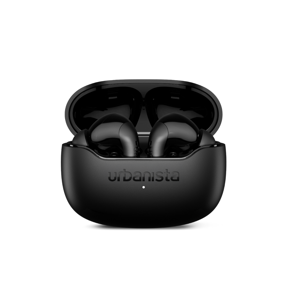 Auricolari wireless neri in custodia di ricarica aperta con logo.