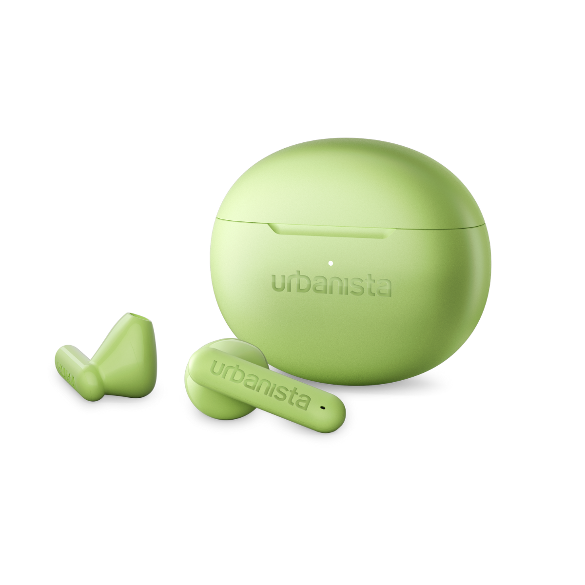 A light green Urbanista charging case and two wireless earbuds.
