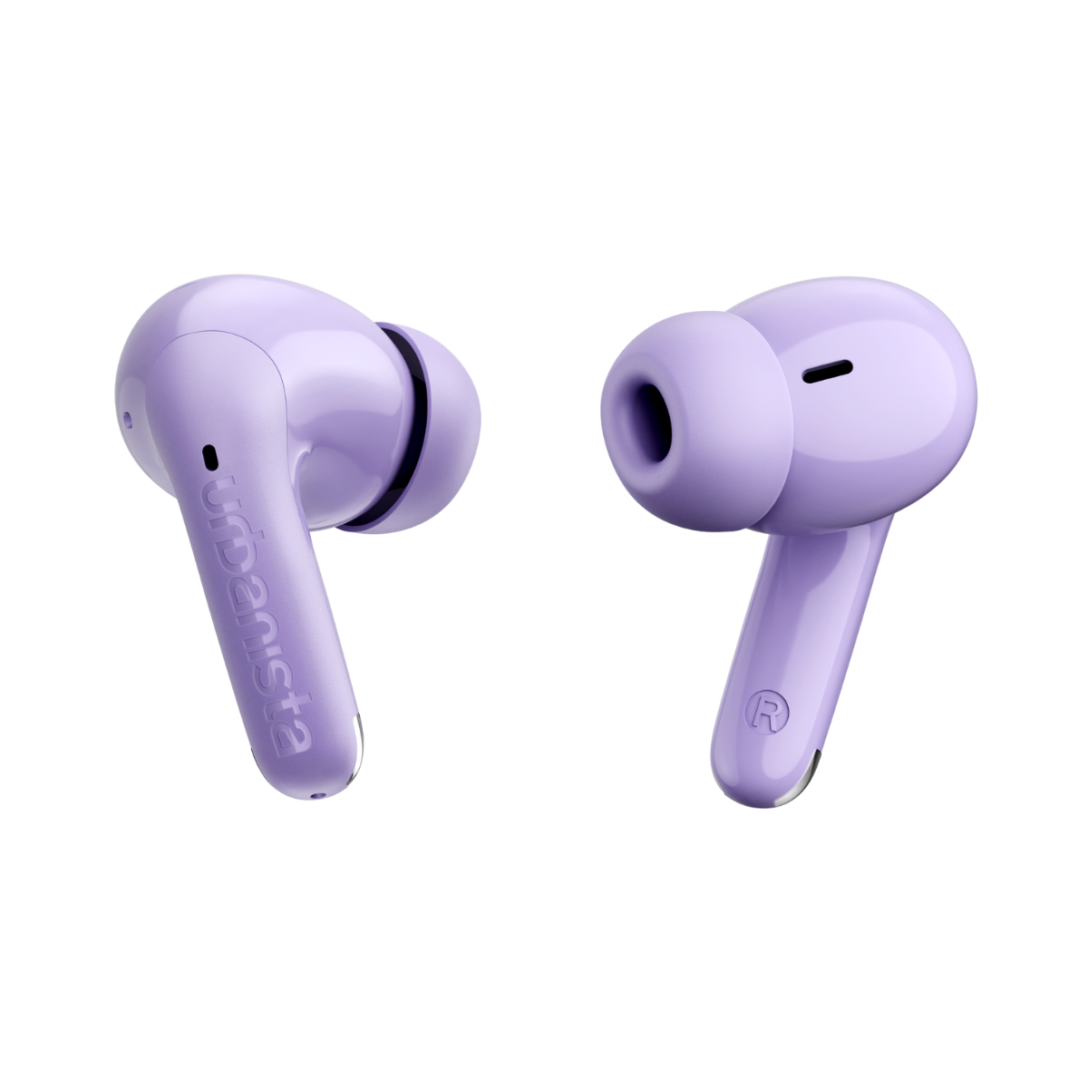 Due auricolari wireless lavanda su sfondo bianco.