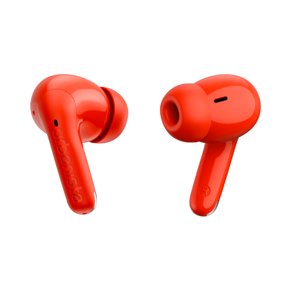 Due auricolari rosso vivo uno accanto all'altro su sfondo bianco.