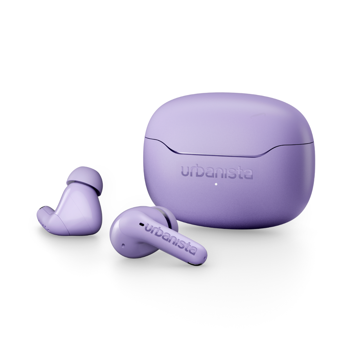 Auricolari wireless e custodia di ricarica color lavanda con logo Urbanista.