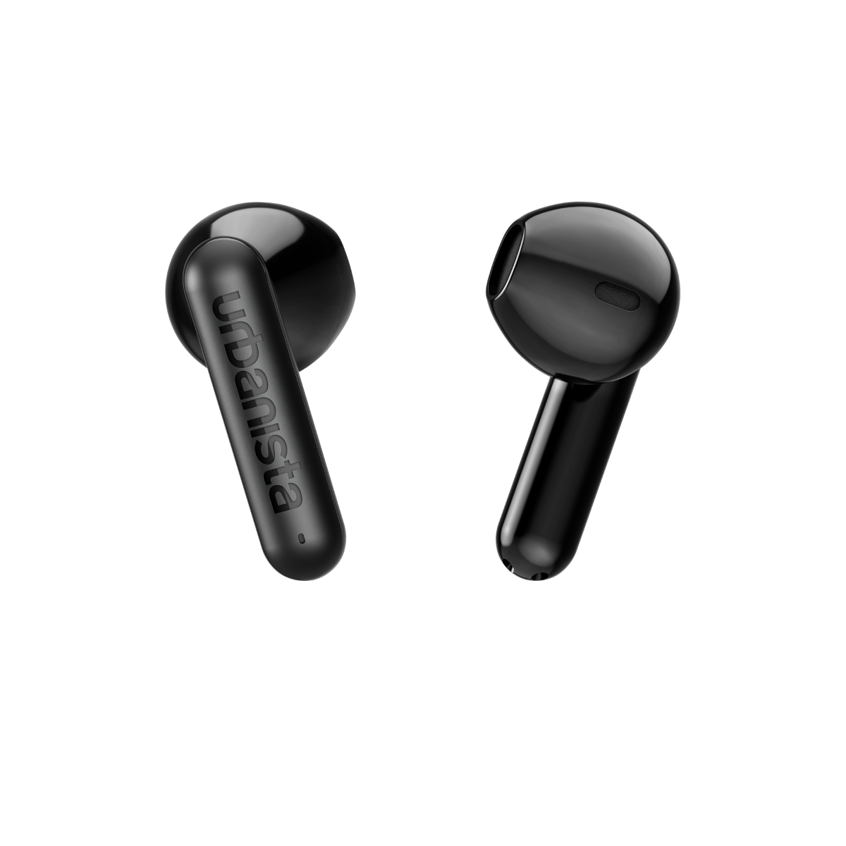 Two glossy black earbuds with stems, on a black background.