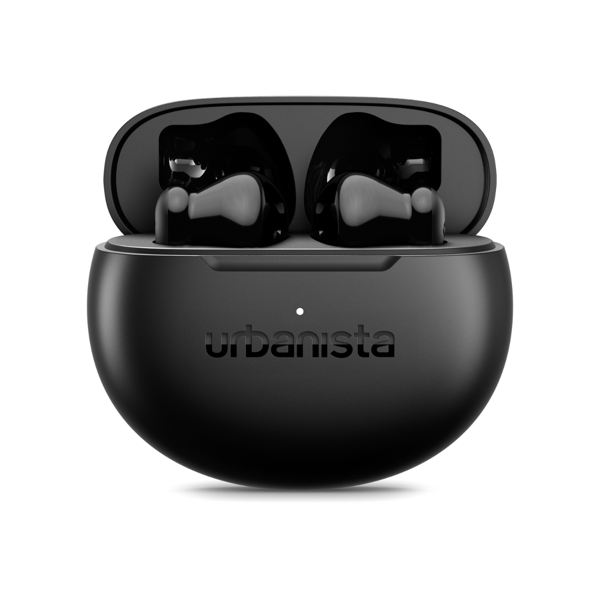 Black wireless earbuds inside an open charging case with the Urbanista logo.