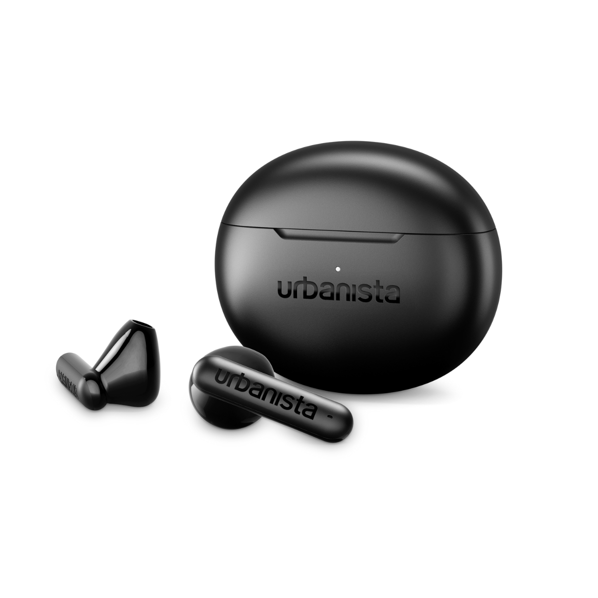 Black Urbanista earbuds and charging case on a black background.