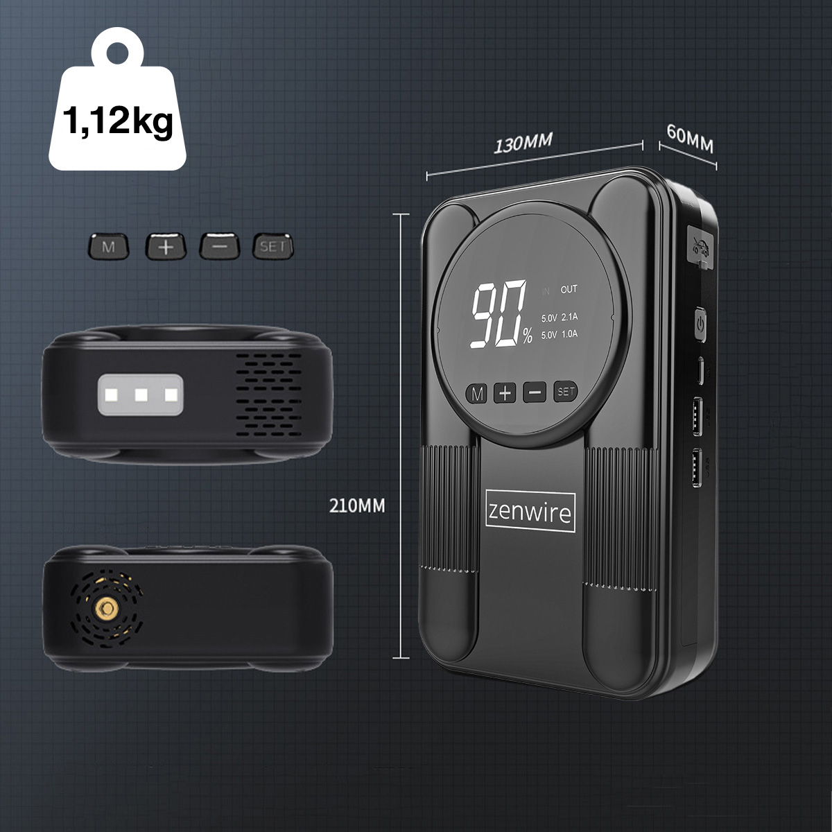 Czarny przenośny kompresor z cyfrowym wyświetlaczem 90% i wymiarami.