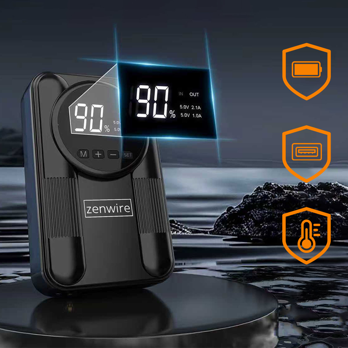 Czarny Zenwire z cyfrowym wyświetlaczem pokazującym 90%. Ikony oznaczają ochronę.