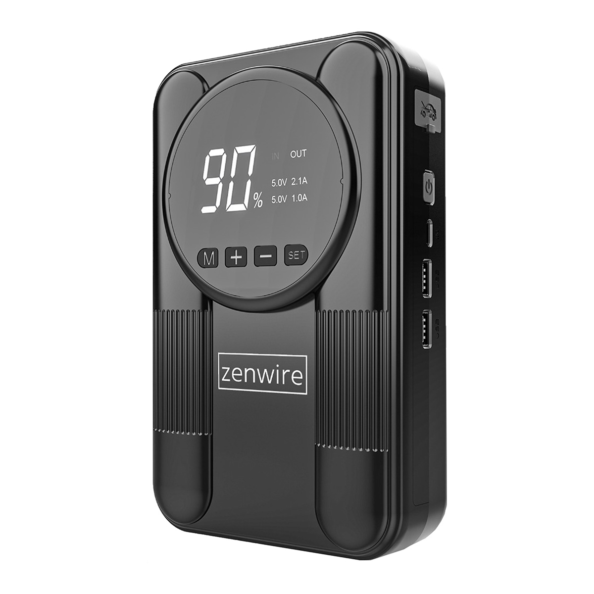 Czarny power bank Zenwire z cyfrowym wyświetlaczem pokazującym 90%.