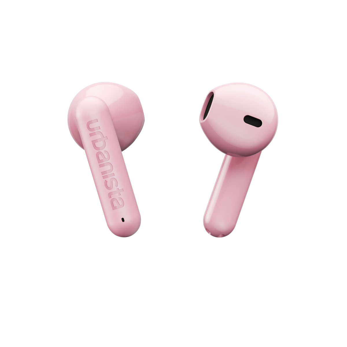 Two pink wireless earbuds, with "Urbanista" text on one.