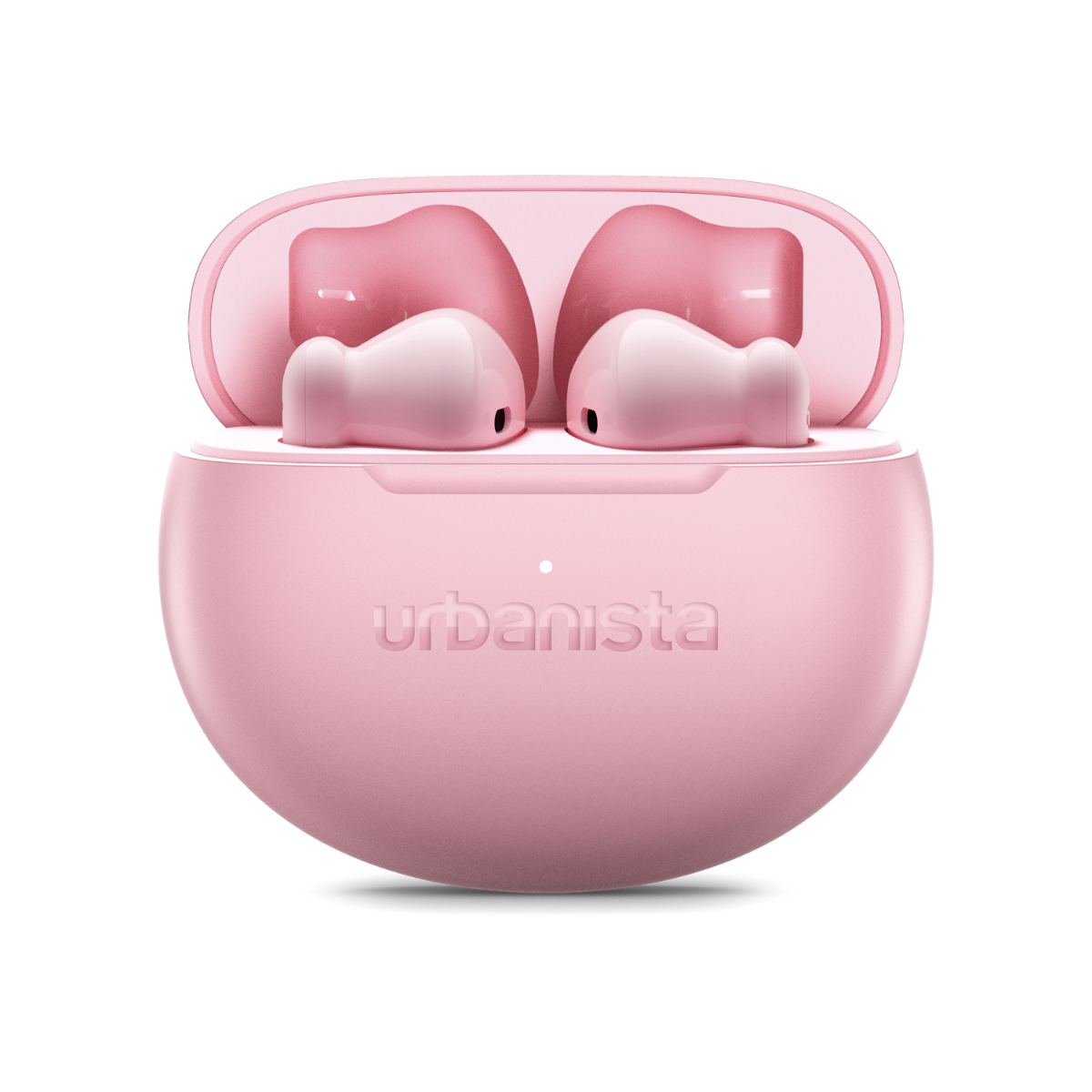 A pink Urbanista earbud charging case with the lid open, showing the earbuds inside.