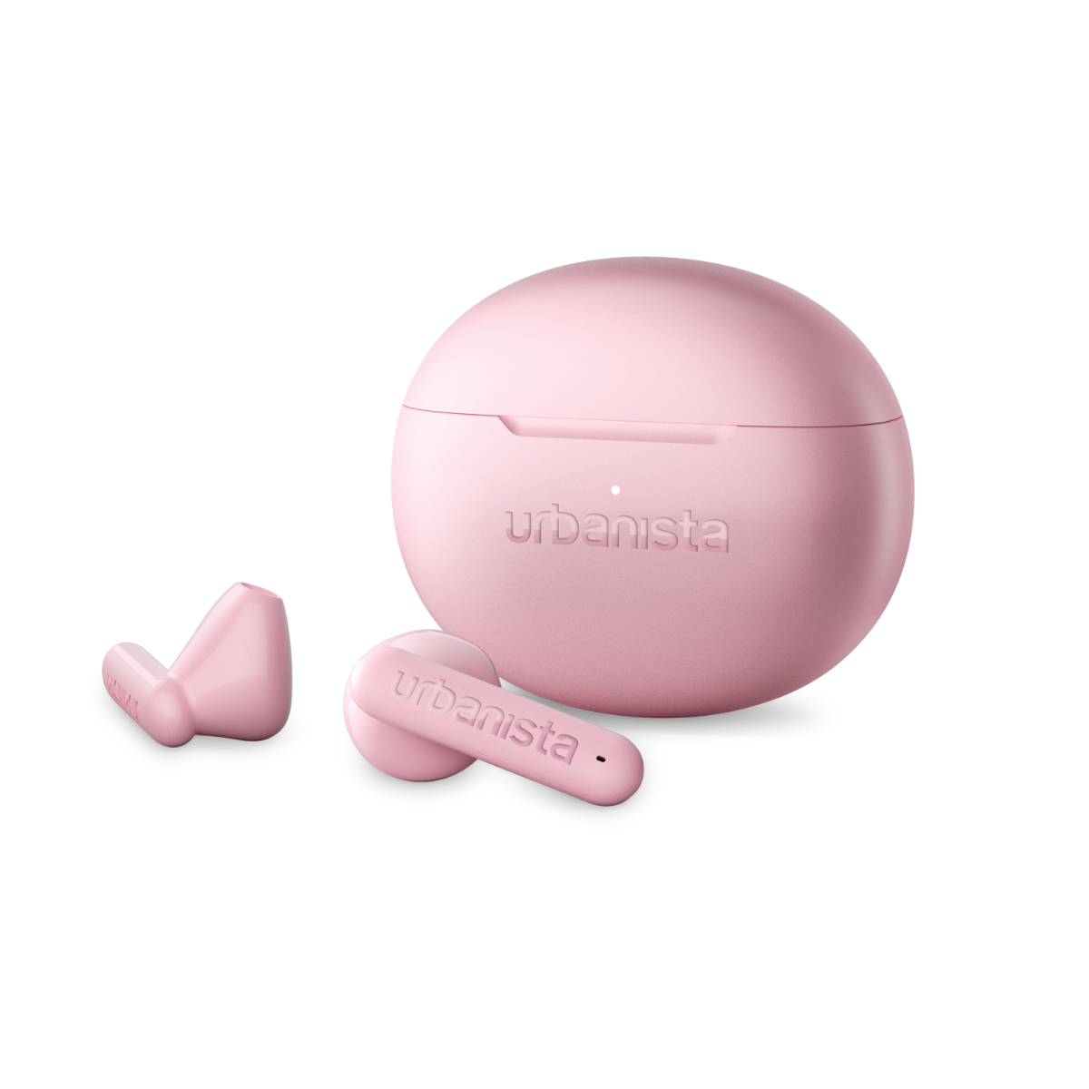 A pink charging case with two matching earbuds beside it.