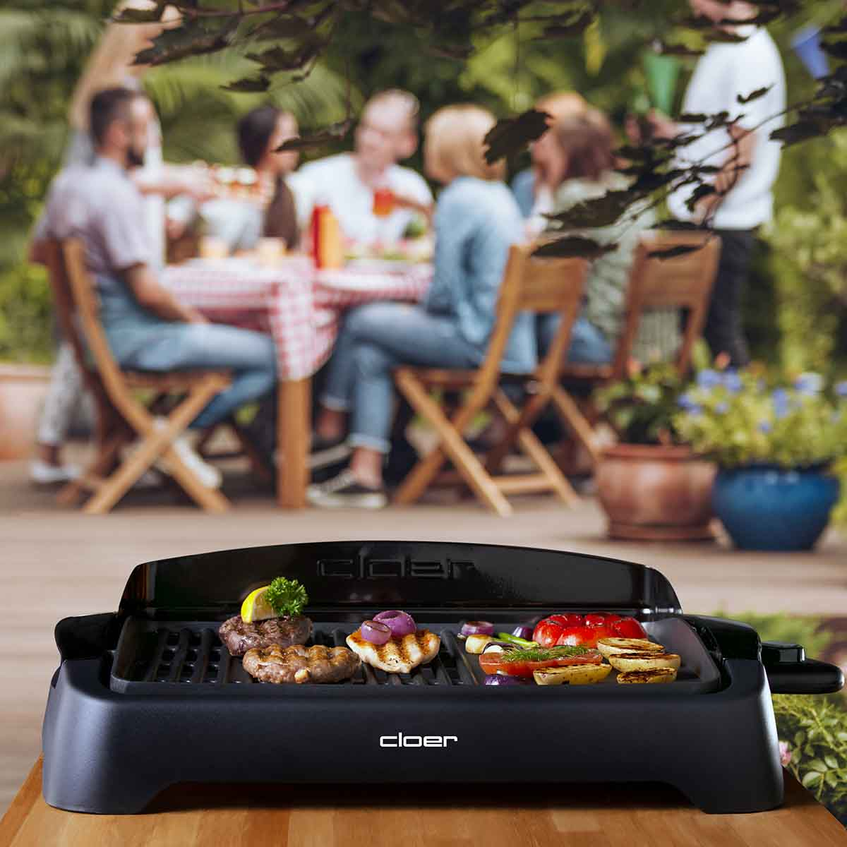 Ein Elektrogrill mit gebratenem Fleisch, Hähnchen und Gemüse im Vordergrund.