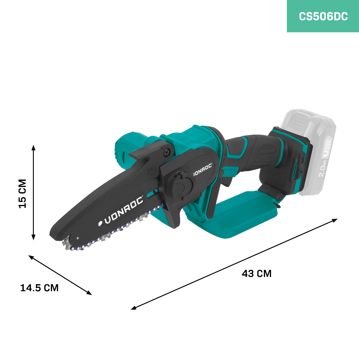A teal and black cordless chainsaw with battery pack. Dimensions shown: 15cm, 14.5cm, 43cm.