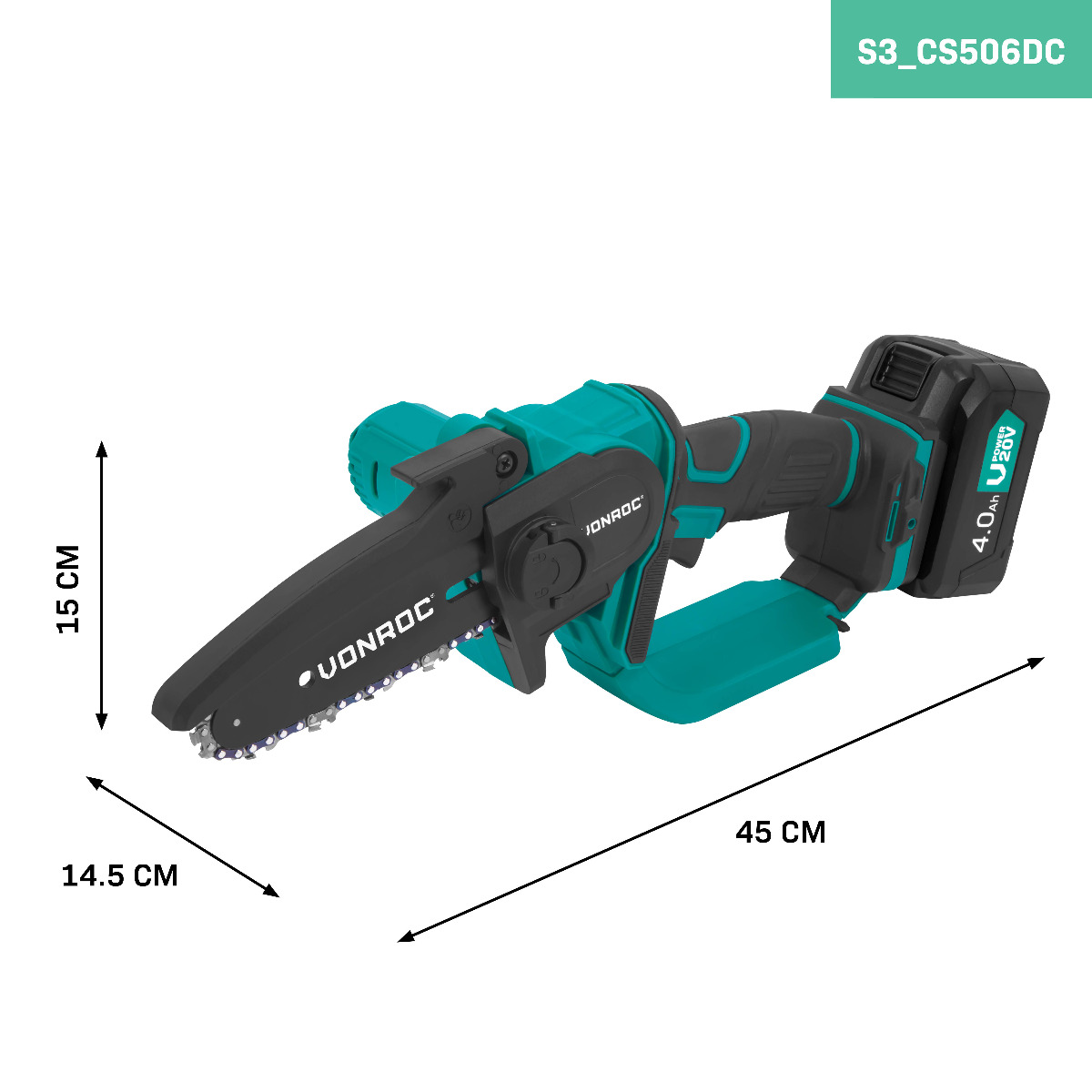 Compact 20V cordless chainsaw with 15cm bar length and 45cm overall length.