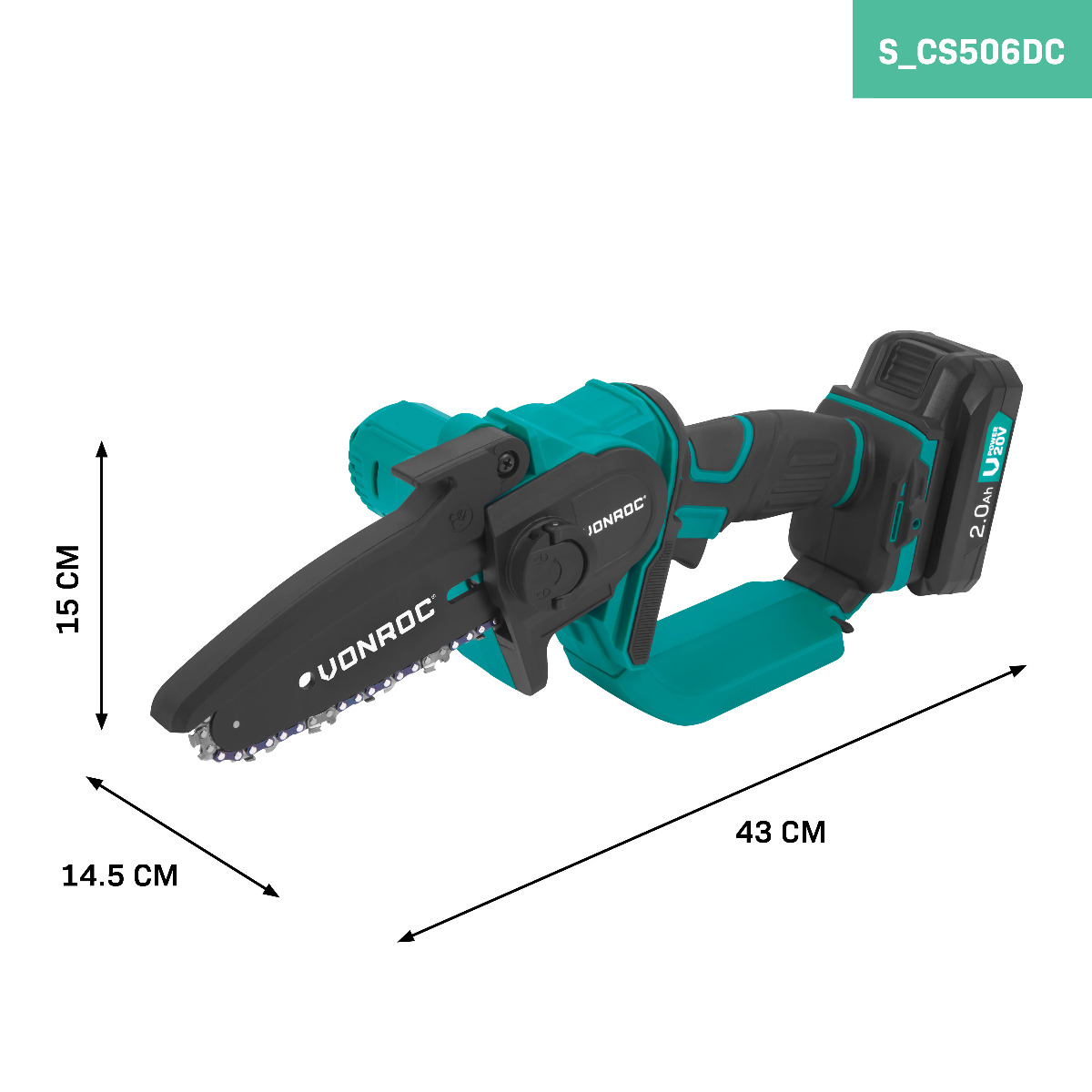 Compact chainsaw with 20V 2.0Ah battery, 15cm bar, 14.5cm width, 43cm total length.