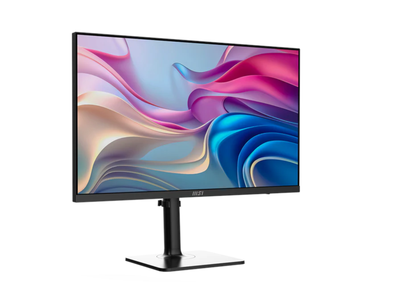 A black monitor displaying a colorful abstract background on a metal stand.