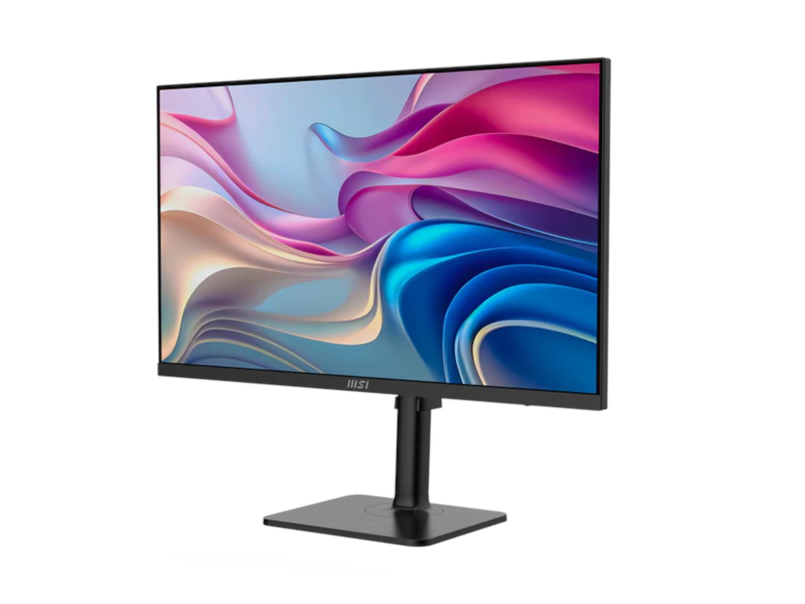 A black MSI monitor displaying a colorful, abstract wallpaper.