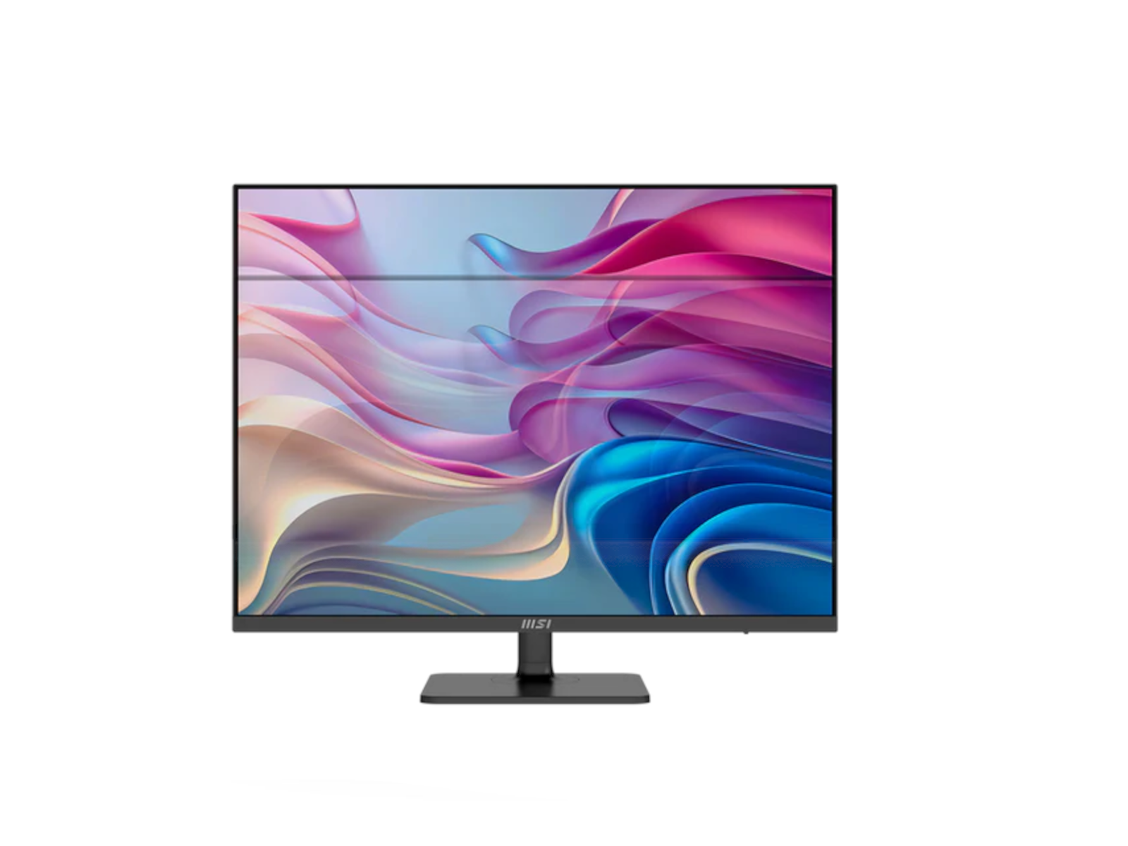 A modern black monitor displaying an abstract, colorful background.