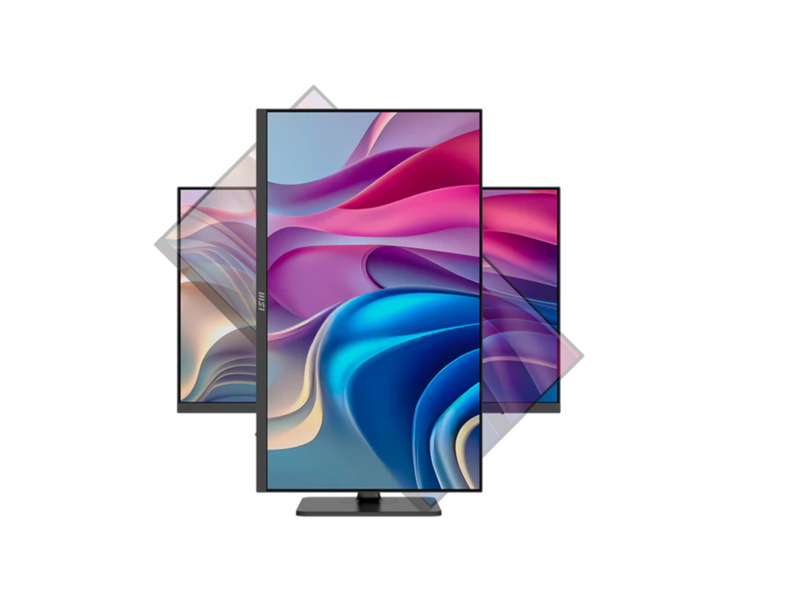 Three MSI monitors displaying colorful abstract images on a white background.