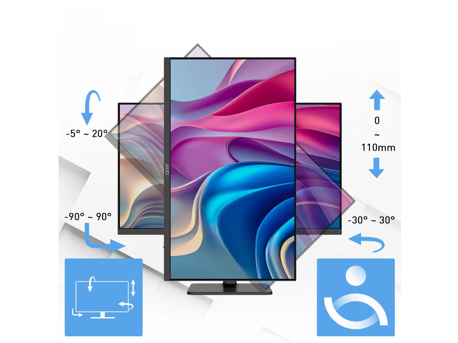 A monitor showing adjustable angles and height indicators.