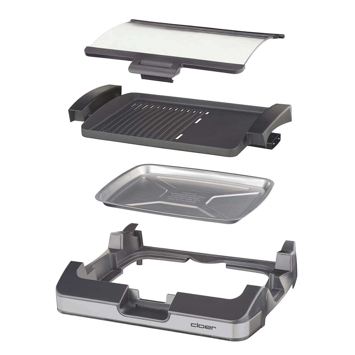 Zerlegbarer Grill: Basis, Fettauffangschale, Grillplatte und Glasdeckel.