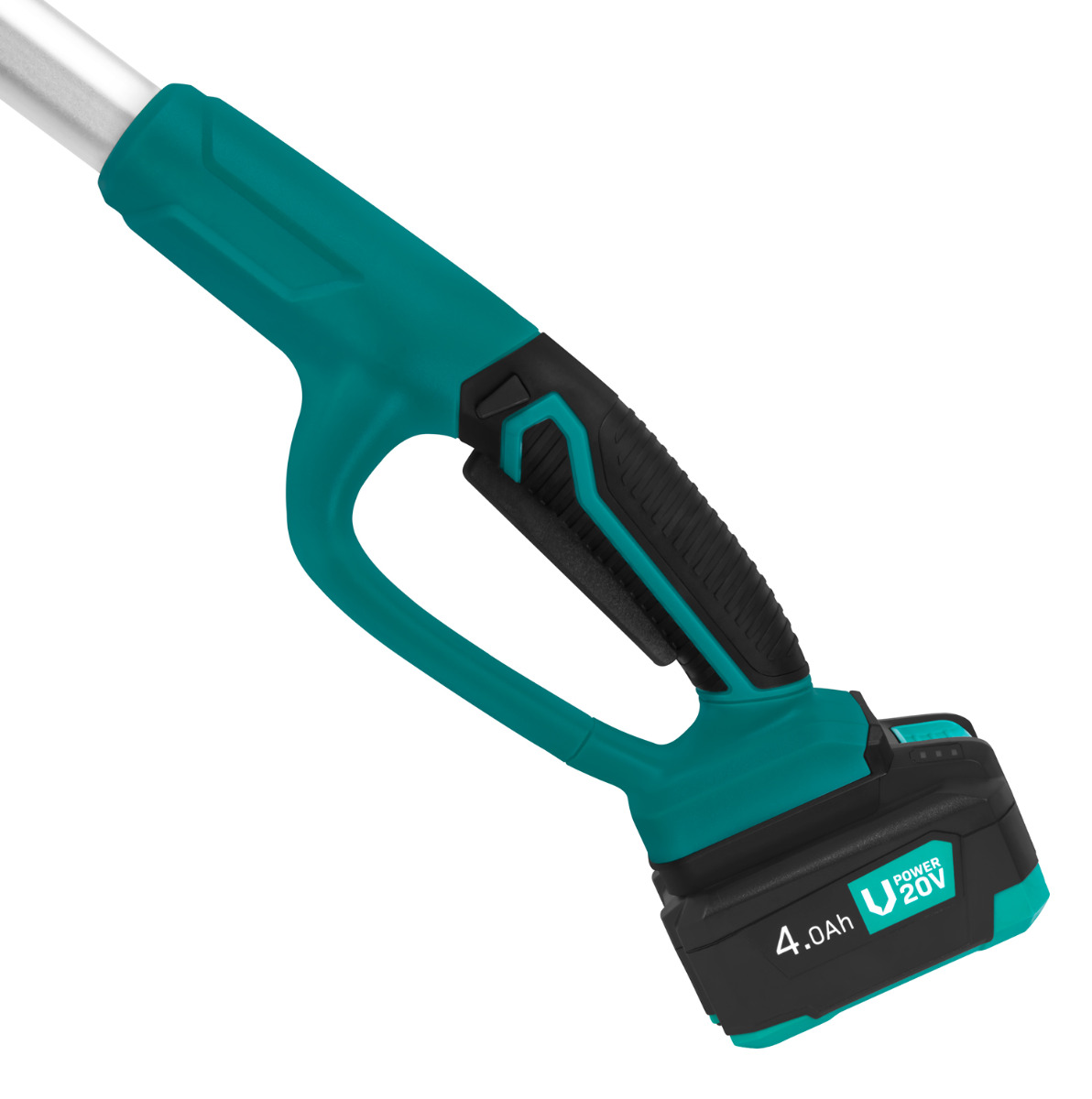 A teal handle with black rubber grip and a 20V 4.0Ah battery.